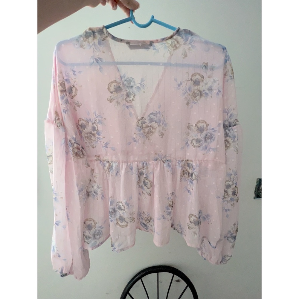 Lantern Sleeve Floral Print Semi Sheer Smock Top - Picture 7 of 14
